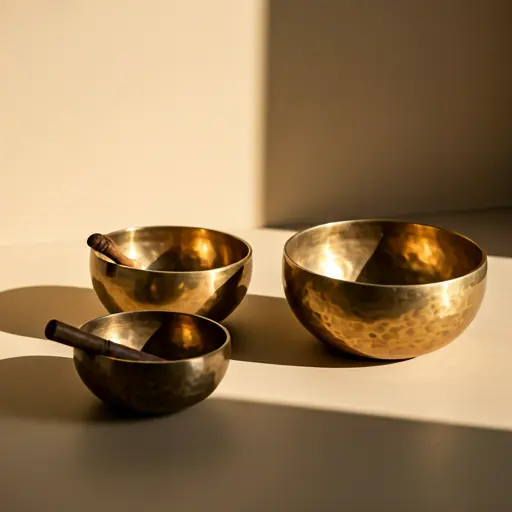Gold singing bowls in a sunlit minimalist room.