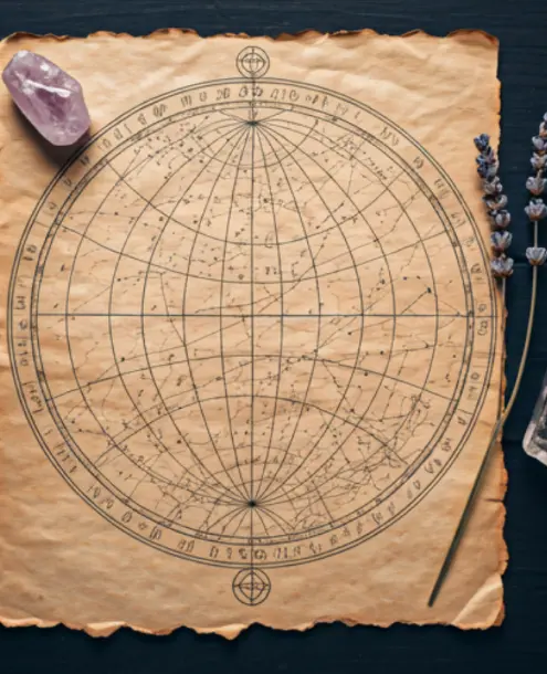 Celestial map and mystical numbers on textured parchment.