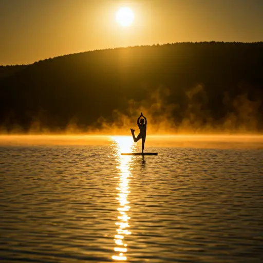 Silhouetted figure in a graceful yoga pose by a lake.