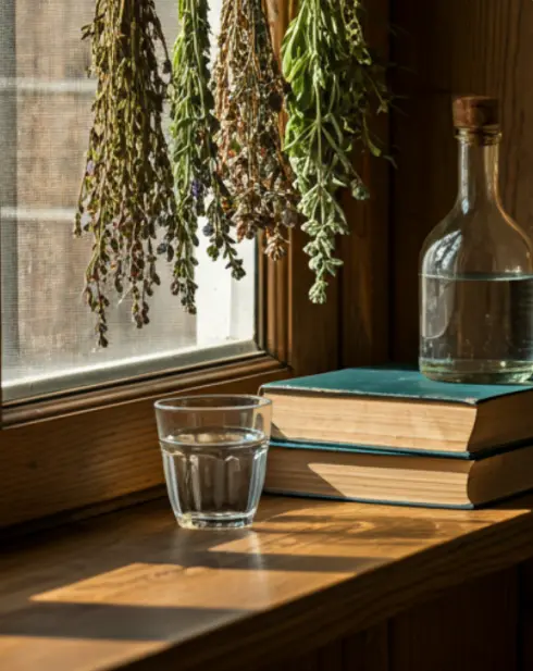 Herbs drying in a sunlit window with old books.