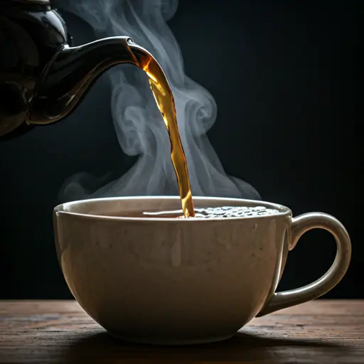 Tea being poured into a ceramic cup.