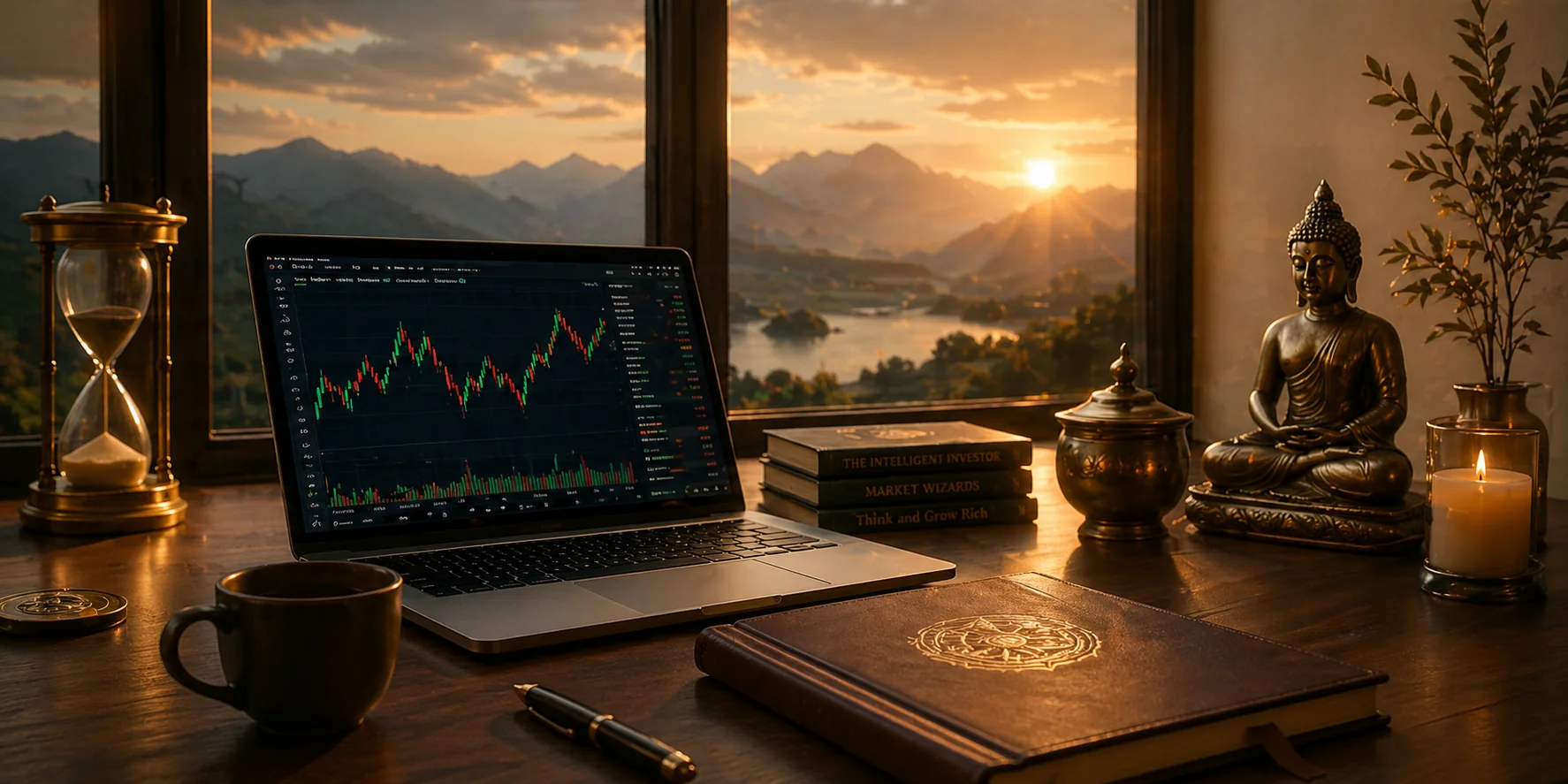 Trading desk with sunrise and meditation elements
